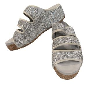 Chelsea & Violet Silver Rhinestone 3 Band Platform Wedge Sandal Shoes Size 6.5